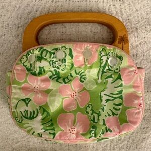 Lilly Pulitzer Green and Pink Floral Clutch with Wooden Handles